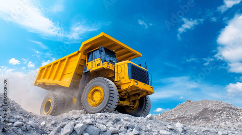 Large dump truck transporting materials at construction site photo