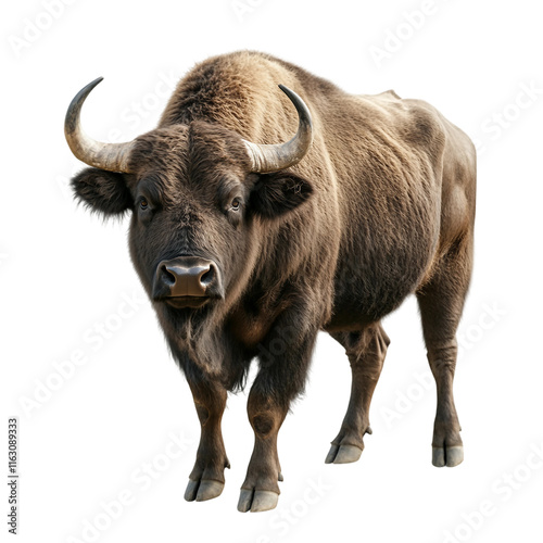 Large brown bull with horns stands in front of a white background. photo