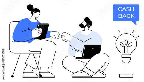 Two people with tablets and laptops, fist bumping, in discussion. Lightbulb represents new idea, cash back sign. Ideal for teamwork, brainstorming, innovation, financial rewards communication