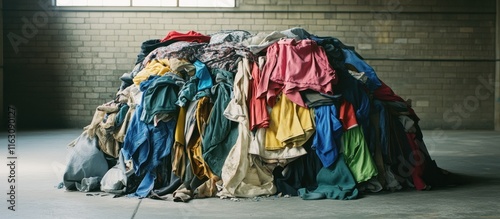 Clothing items with torn fabric and missing tags, piled in a corner of a warehouse 