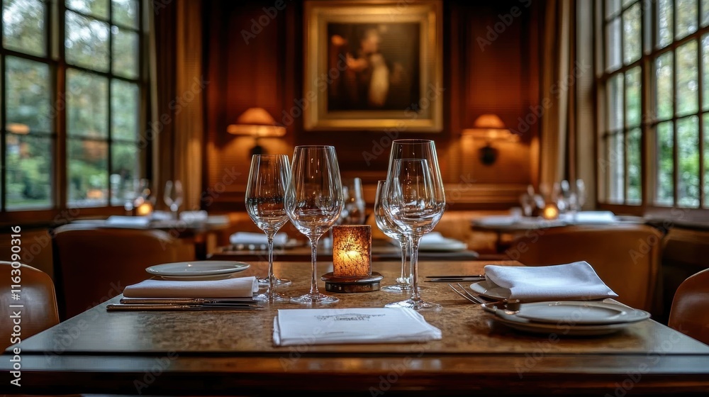 Elegant Dining Experience in Luxurious Restaurant Setting Featuring Candlelight and Exquisite Table Arrangements in Warm, Sophisticated Ambiance Elegant Dining Experience in Luxurious Restaurant Setting Featuring Candlelight and Exquisite Table Arrangements in Warm, Sophisticated Ambiance