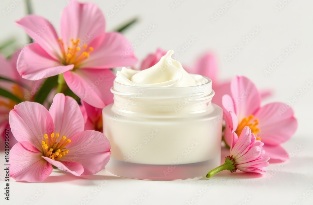 jar of cosmetic moisturizer cream on white background. Organic natural ingredients beauty product among flowers. Skin care, beauty and spa product presentation jar of cosmetic moisturizer cream on white background. Organic natural ingredients beauty product among flowers. Skin care, beauty and spa product presentation