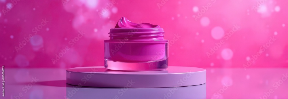vibrant pink cosmetic jar on reflective podium, neon bokeh background, modern beauty photography, sleek and stylish vibrant pink cosmetic jar on reflective podium, neon bokeh background, modern beauty photography, sleek and stylish