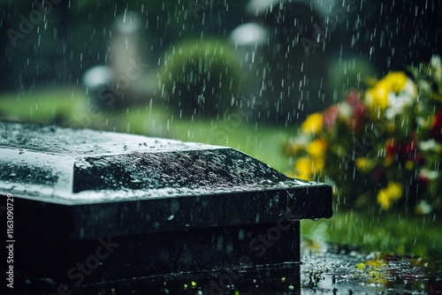 Somber rainfall on black coffin in graveyard  a reflection on loss and mourning in christian funeral