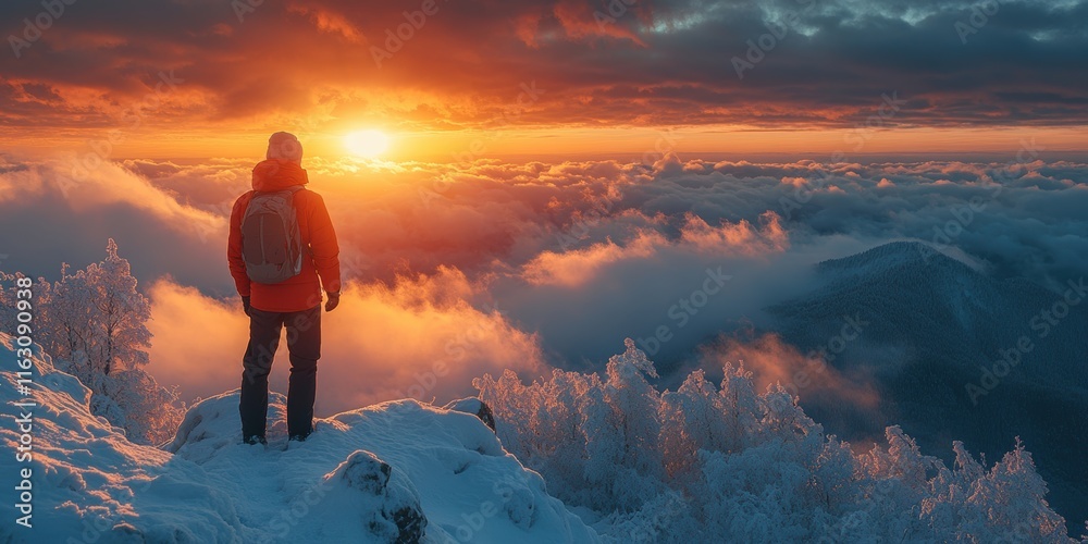 Obraz premium A solitary traveler stands on a snow-capped mountain peak, witnessing a breathtaking sunset over a vast sea of clouds and distant hills, reflecting the serene beauty and grandeur of nature