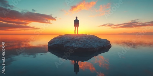 A solitary figure stands on a rock in the middle of a tranquil sea, gazing at a breathtaking, colorful sunset with clouds scattered across the sky photo