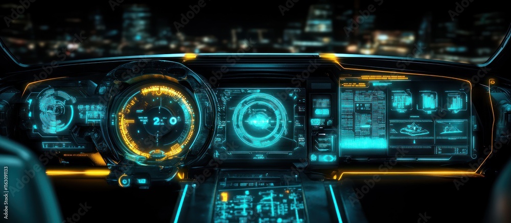 Obraz premium Spacecraft cockpit interface showcasing a digital speedometer, galactic theme, glowing controls