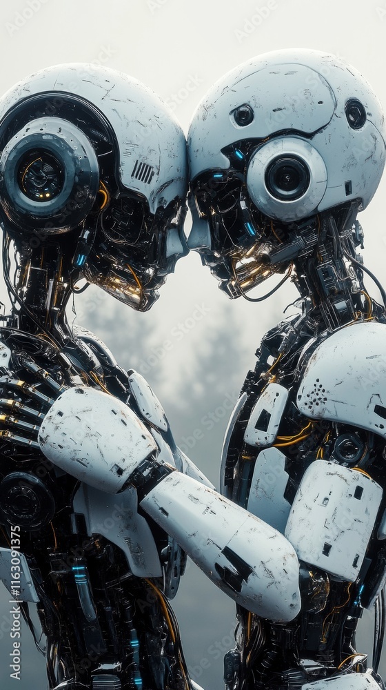 Futuristic robots embracing, showcasing advanced technology, detailed machinery design, connection, emotion, innovation, robotics concept Futuristic robots embracing, showcasing advanced technology, detailed machinery design, connection, emotion, innovation, robotics concept