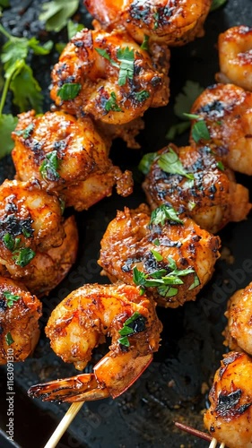 Grilled shrimp skewers garnished with fresh herbs showcase delicious flavor and vibrant presentation