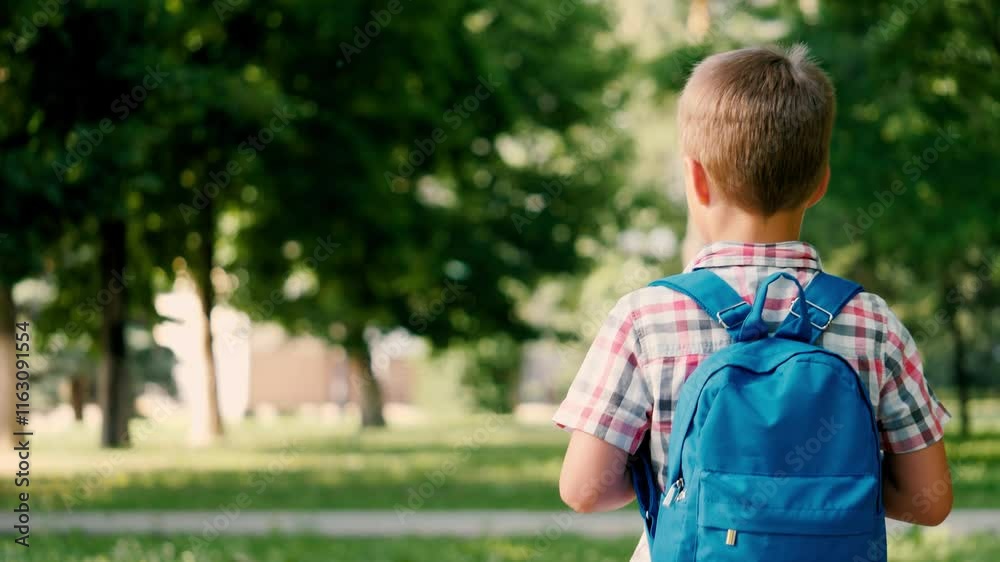 Junior schoolboy dressed in shirt walks to school through city park. Boy slings backpack over shoulders and enjoys fresh air on way to class. Schoolboy walks to school building ready for lessons Junior schoolboy dressed in shirt walks to school through city park. Boy slings backpack over shoulders and enjoys fresh air on way to class. Schoolboy walks to school building ready for lessons