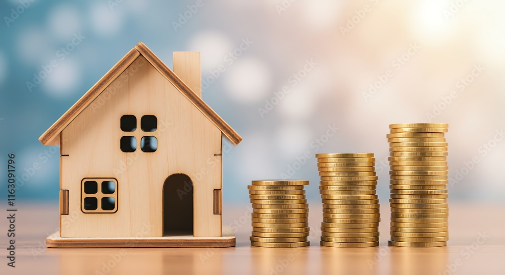 Wooden house model and coins stack budget home new year concept, Wooden house model with text 2025 on a table, Real estate new year concept Wooden house model and coins stack budget home new year concept, Wooden house model with text 2025 on a table, Real estate new year concept