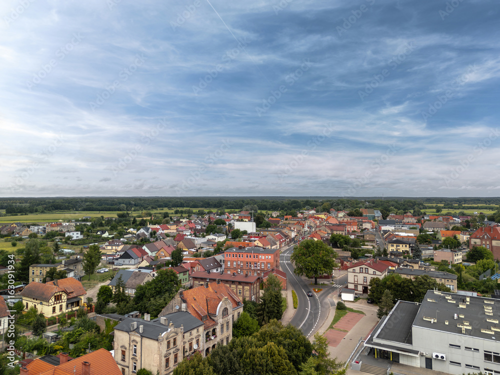 Summer cityscape of Wieleń, Wielkopolska, Poland. Wide panorama
