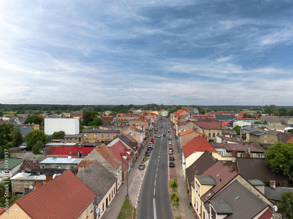 Summer cityscape of Wieleń, Wielkopolska, Poland. Wide panorama