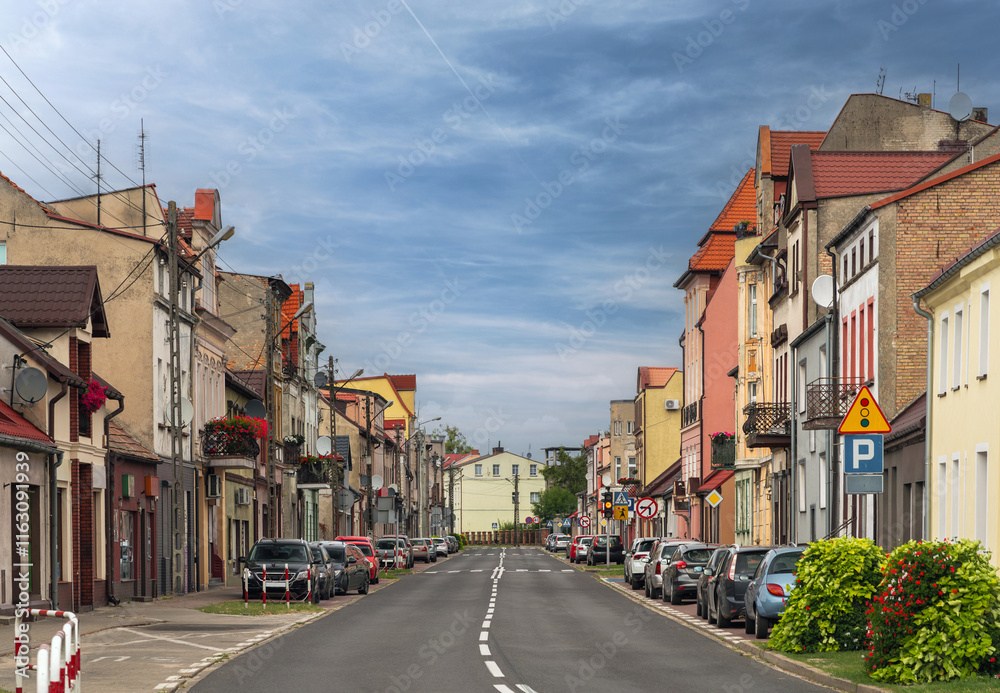 Summer cityscape of Wieleń, Wielkopolska, Poland. Wide panorama
