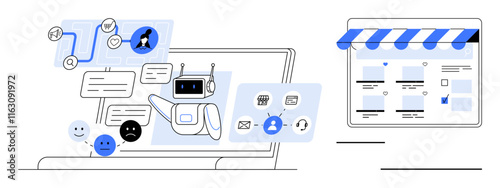 Laptop screen with AI chatbot handling messages, emoticons, and ecommerce icons. Adjacent, an online store interface, storefront awning, and various interaction elements. Ideal for customer service