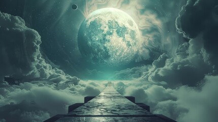 Leinwandbilder Khaki Futuristic sci fi landscape featuring fantasy industrial structures with planets in the sky  © Daria