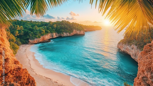 Secluded tropical beach cove at sunset, viewed through palm fronds.