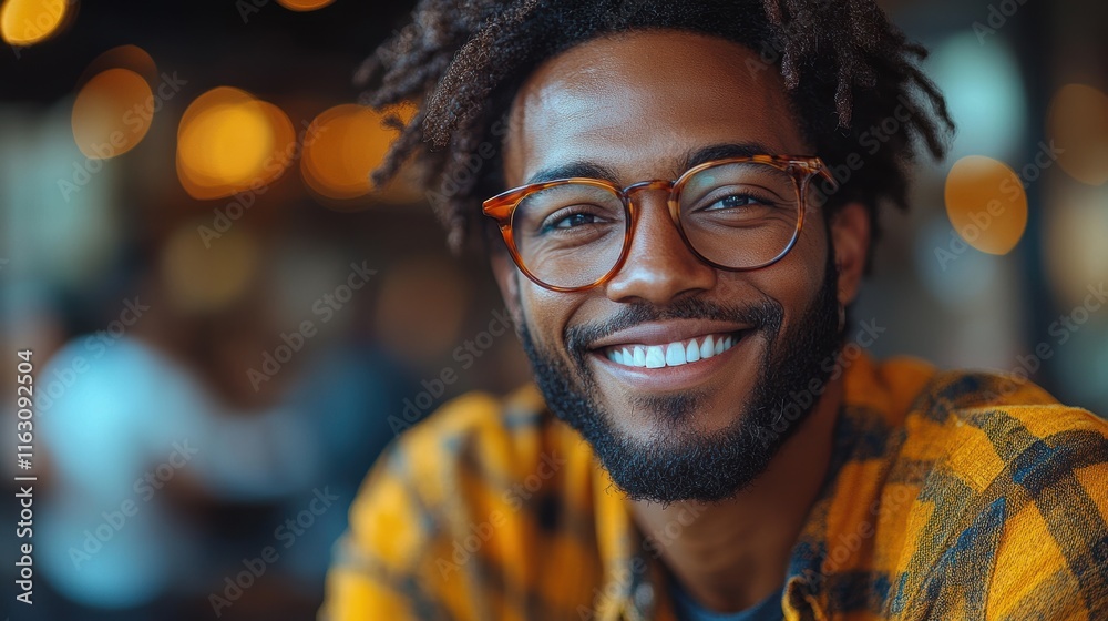 Bearded man with glasses wearing a yellow plaid shirt smiling warmly in a warmly lit indoor setting, creating an inviting and cheerful atmosphere Bearded man with glasses wearing a yellow plaid shirt smiling warmly in a warmly lit indoor setting, creating an inviting and cheerful atmosphere