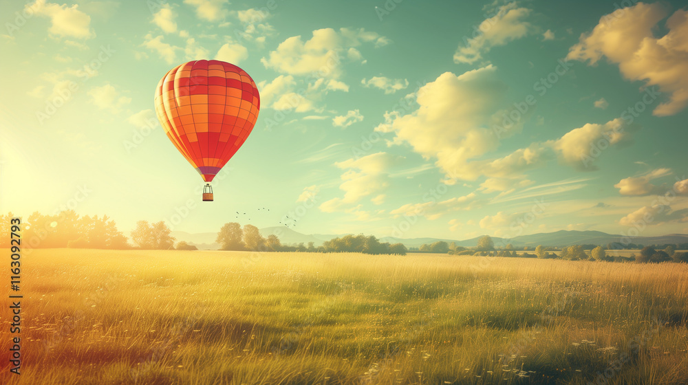 Fototapeta premium Scenic Hot Air Balloon Over Sunlit Meadow Landscape in a Tranquil Sky, Ideal for Travel & Adventure Themes