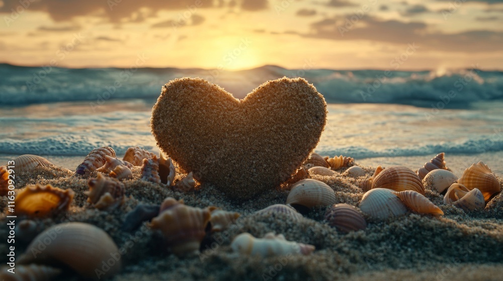 Sand Heart Sunset Seashells Beach Ocean Romance