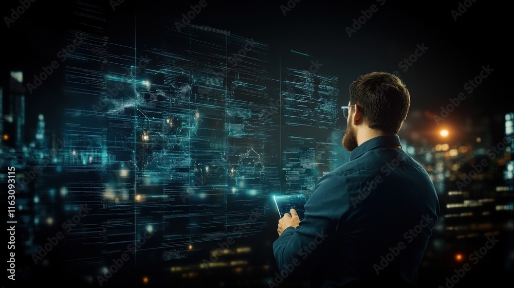 Professional male using digital tablet to analyze futuristic interface with data and technology in a modern urban environment at night, showcasing advanced innovation and analytics. Professional male using digital tablet to analyze futuristic interface with data and technology in a modern urban environment at night, showcasing advanced innovation and analytics.