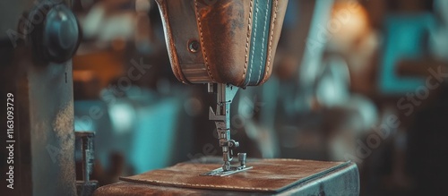 Custom leather bag being sewn on a sturdy industrial sewing machine, rugged textures, 