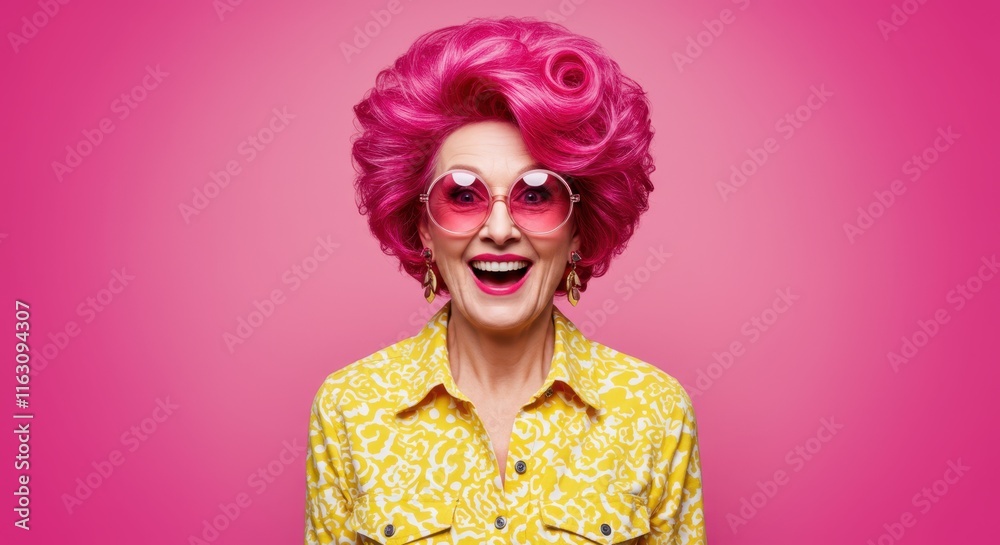 Vibrant senior fashionista with pink hair and sunglasses on bold background Vibrant senior fashionista with pink hair and sunglasses on bold background