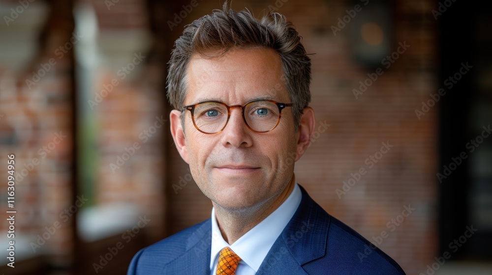 Fototapeta premium A portrait of a middle-aged individual in formal attire, wearing glasses and showcasing professional demeanor against a brick wall background with soft lighting
