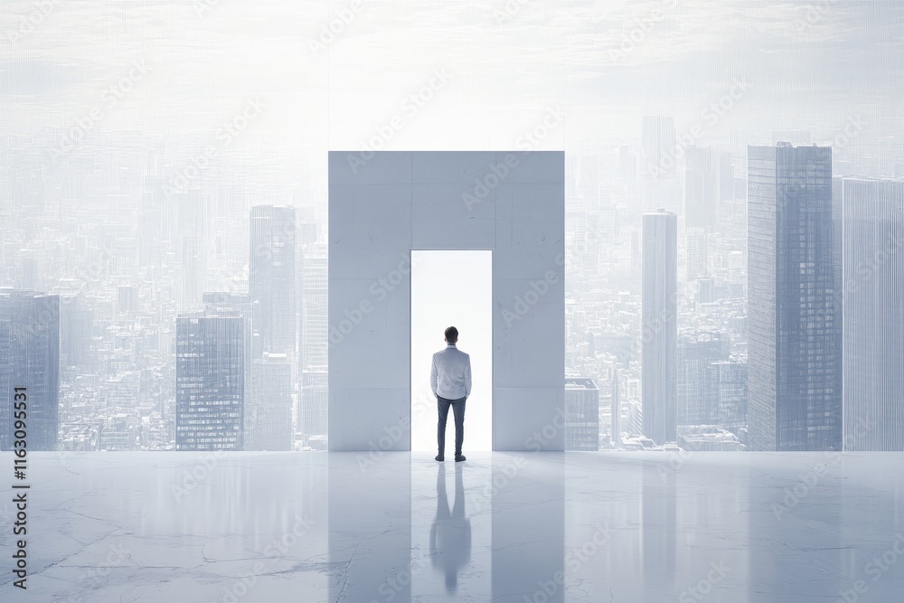 Businessman posing before open door with cityscape view in a clean white color palette Businessman posing before open door with cityscape view in a clean white color palette