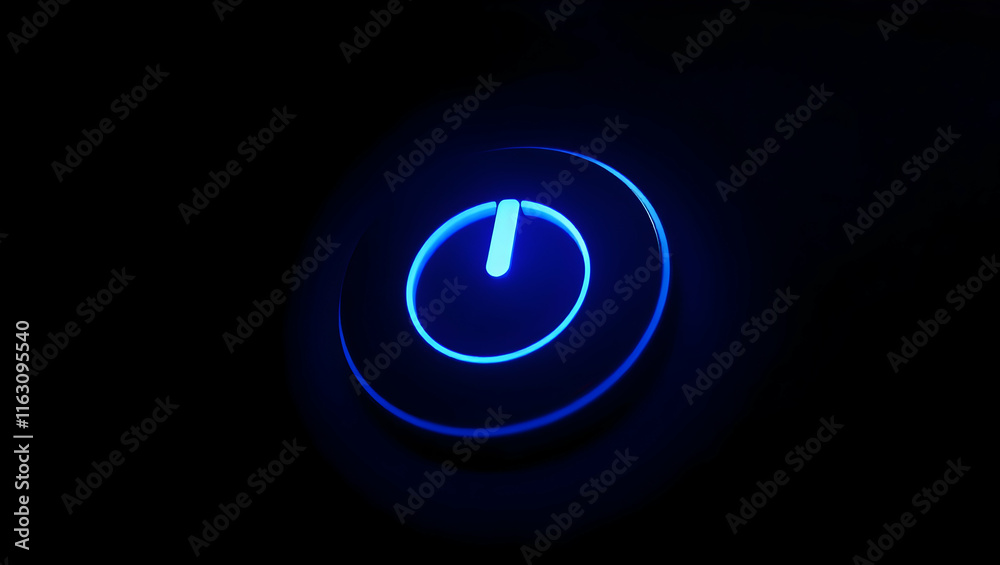 Glowing blue power button in the dark. Glowing blue power button in the dark.