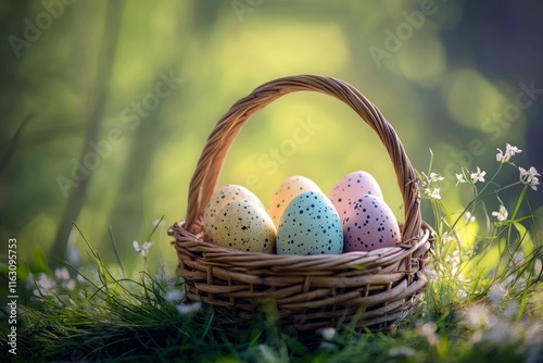 Elegant basket with five colorful easter eggs symbolizing the joy of easter celebrations