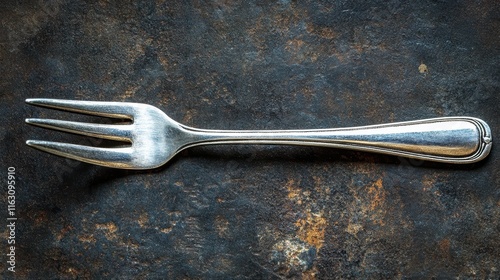 Close-up image of a vintage metallic fork with three tines resting on a textured, rustic metal surface showcasing intricate details and reflective highlights