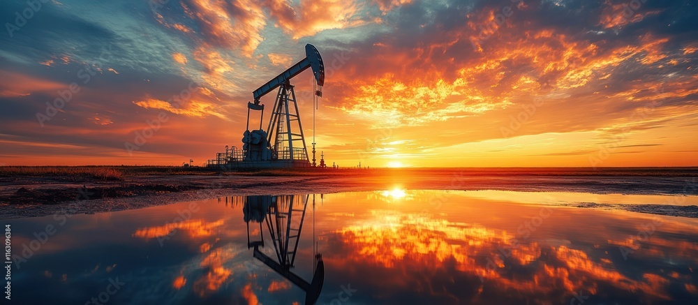 Obraz premium Oil pump jack silhouetted against a fiery sunset reflected in a puddle of water.