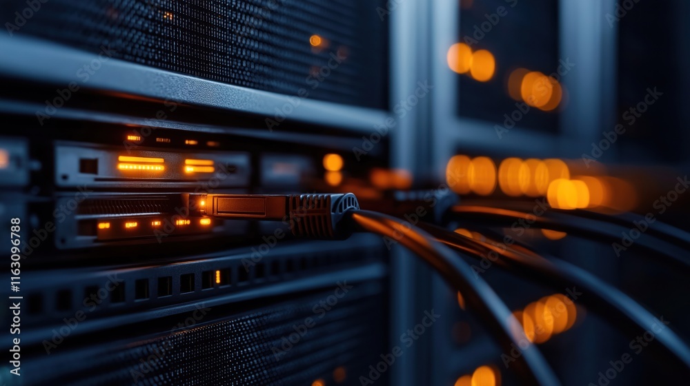 Naklejka premium Advanced tech servers with illuminated data connectors show active data transfer. High tech network system with complex structured hardware. Modern tech infrastructure displays complexity, efficient