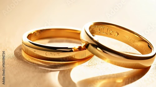 Close-Up of Golden Wedding Rings, Detailed and Intimate Scene for Engagement and Wedding Videos, Symbol of Commitment and Love.