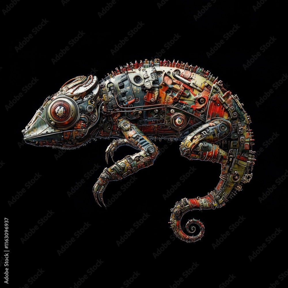 Fototapeta premium Steampunk chameleon crafted from recycled metal parts on black background.