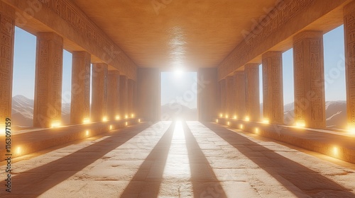 Sunlit ancient stone hallway with columns and desert view.