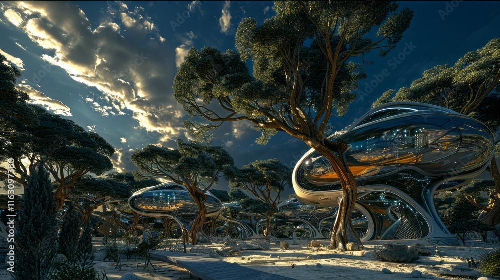 custom made wallpaper toronto digitalFuturistic landscape with organic architecture and lush trees under a dramatic sky.