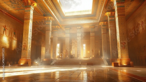 Sunlit ancient Egyptian temple interior with columns, hieroglyphs, and throne.