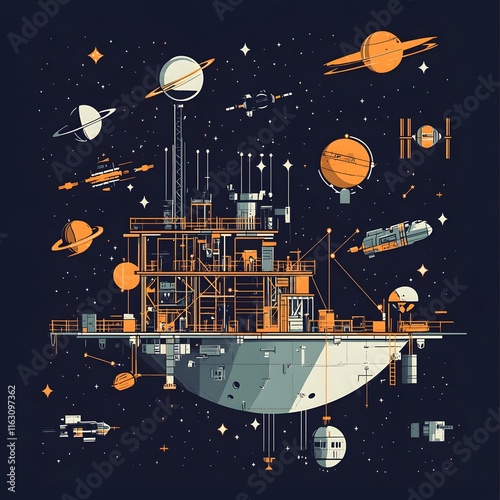 Futuristic Construction Site in Floating Space Station Surrounded by Icons of Satellites  Spaceships  and Cosmic Celestial Elements photo