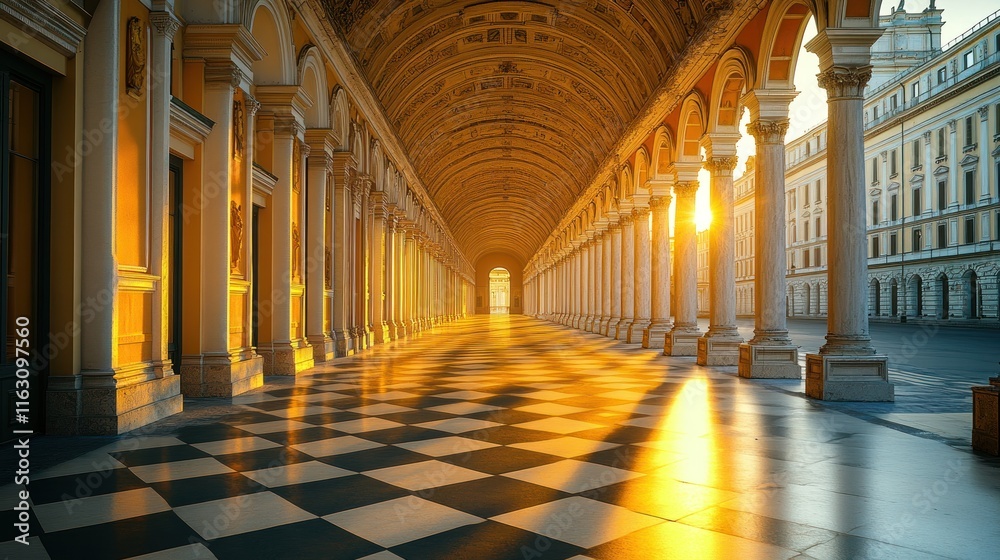 Sunlit arcade with checkered floor and classical columns.