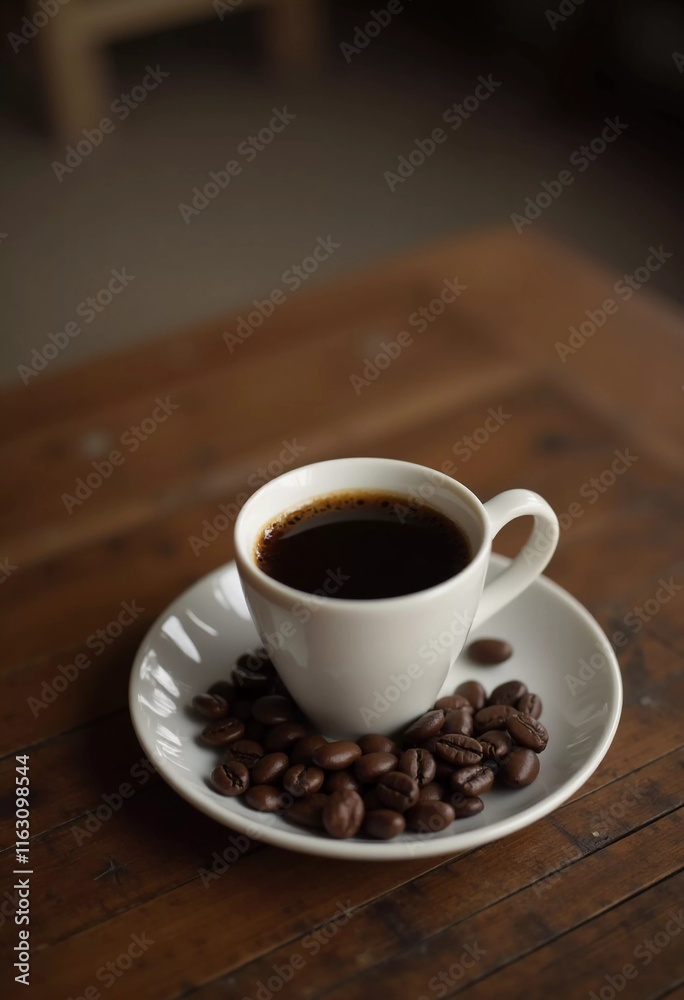 An espresso cup rests on a rustic wooden table, encircled by rich coffee beans, evoking a warm and inviting setting perfect for enjoying a quiet moment. Generative AI An espresso cup rests on a rustic wooden table, encircled by rich coffee beans, evoking a warm and inviting setting perfect for enjoying a quiet moment. Generative AI
