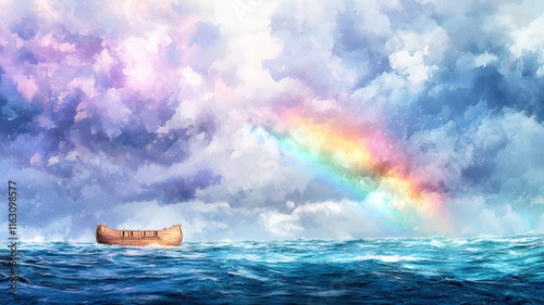 A captivating watercolor of Noah’s Ark adrift on a vast ocean, set against a stormy sky, with a vibrant rainbow arching above, symbolizing hope and renewal.