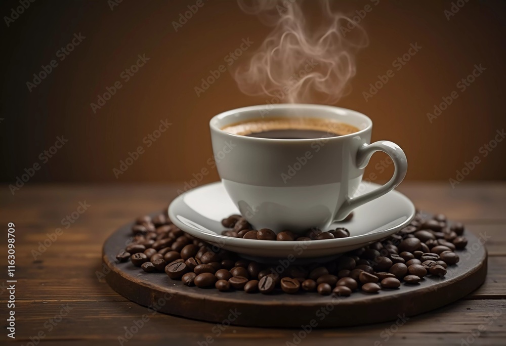 An espresso cup rests on a rustic wooden table, encircled by rich coffee beans, evoking a warm and inviting setting perfect for enjoying a quiet moment. Generative AI An espresso cup rests on a rustic wooden table, encircled by rich coffee beans, evoking a warm and inviting setting perfect for enjoying a quiet moment. Generative AI