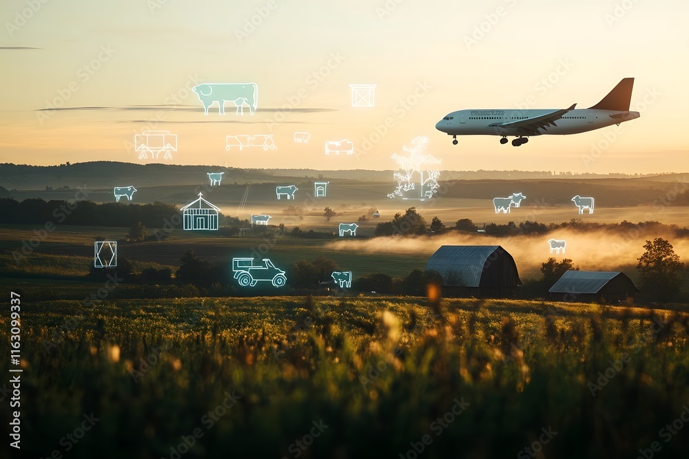 Fototapeta premium Futuristic Rural Dawn Landscape with Floating Farm Icons and Gliding Plane