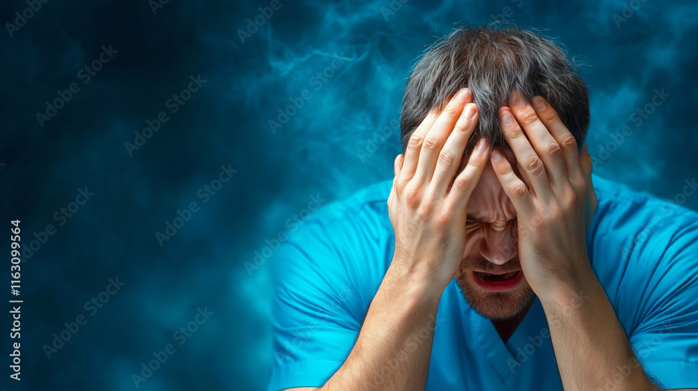 Man expressing distress against a blue background with intensity Man expressing distress against a blue background with intensity