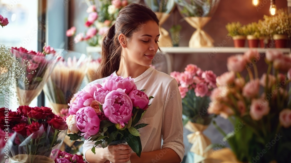 Female florist collects an elegant bouquet of peonies in a flower shop. Woman is preparing an order for a bouquet of flowers for Valentine's Day, which was ordered online with delivery