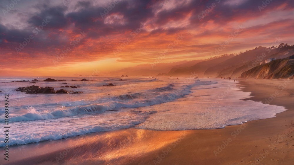 Gorgeous seaside sunset, soft waves washing over sandy beach, vibrant colors reflecting on water, ideal for inspiring relaxation and peace, perfect for travel brochures or nature-themed designs. Gorgeous seaside sunset, soft waves washing over sandy beach, vibrant colors reflecting on water, ideal for inspiring relaxation and peace, perfect for travel brochures or nature-themed designs.