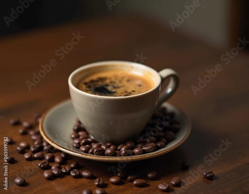 An espresso cup rests on a rustic wooden table, encircled by rich coffee beans, evoking a warm and inviting setting perfect for enjoying a quiet moment. Generative AI