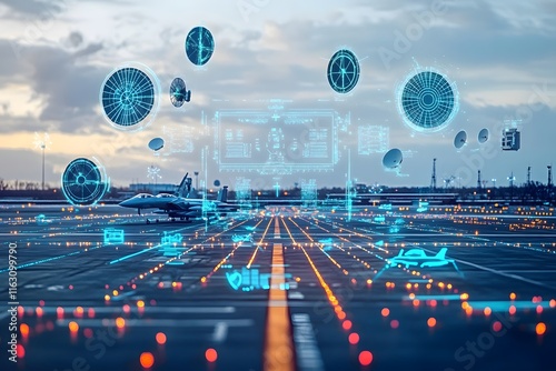 Futuristic Military Airstrip with Floating Radar and Satellite Dish Icons in Illuminated Cityscape Backdrop